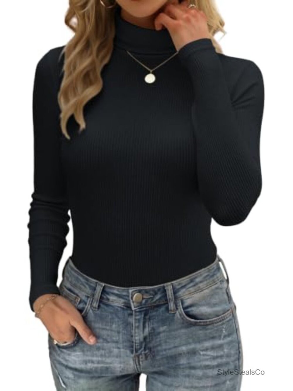 Women's Ribbed Turtleneck Long Sleeve Top - Stretch Comfort Layer